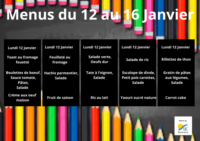 Menus du 12 au 16 janvier 2026