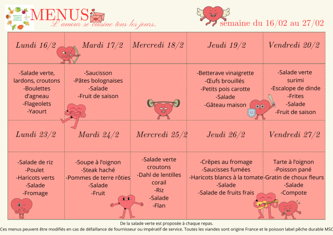 menus centre de loisisrs du 16 au 27 f&eacute;vrier