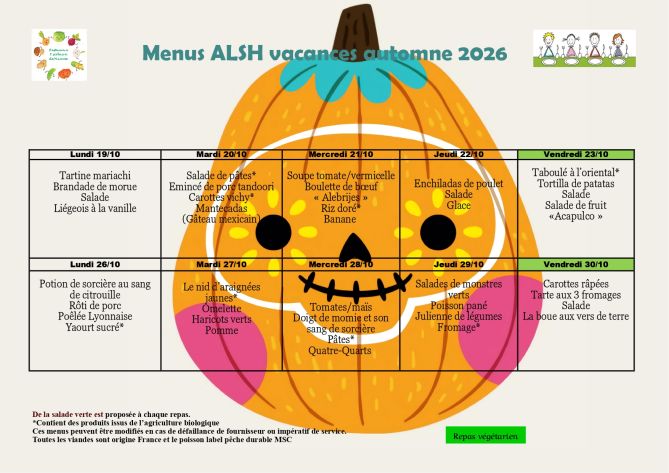 menus ALSh vacances d'automne